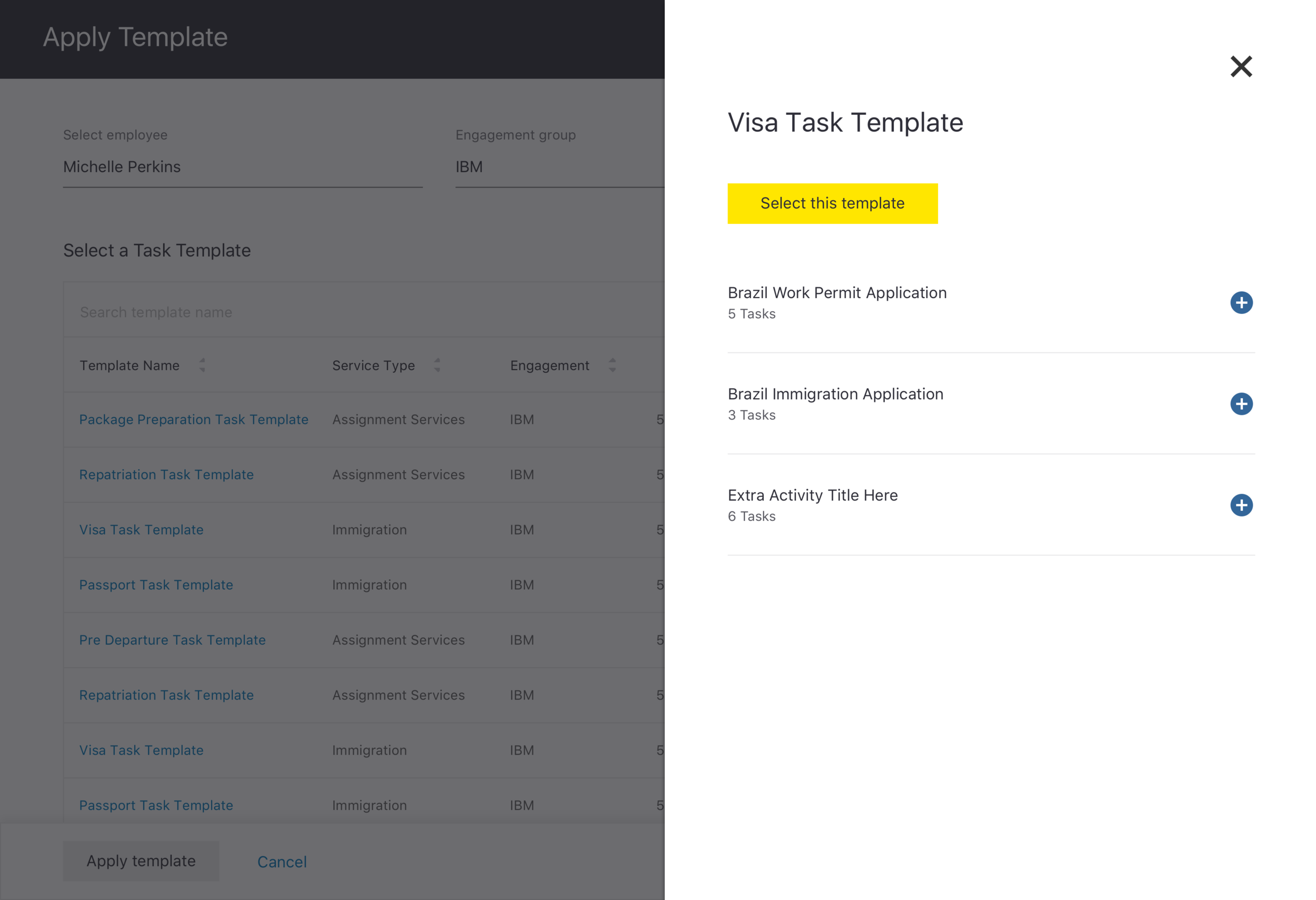 IML visa task template modal
