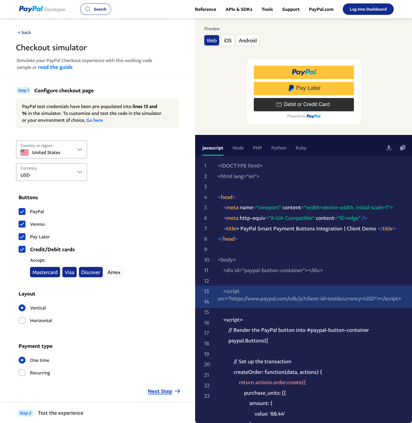 The Payment Simulator: side-by-side GUI controls and live code
