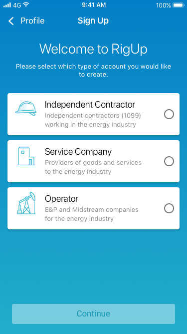RigUp signup flow on iOS